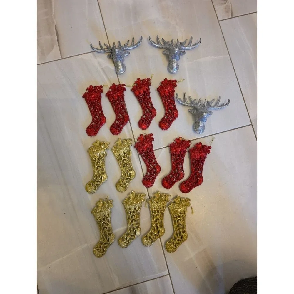 Lot of 16 Glitter Christmas Ornaments Stockings & Reindeer Heads Red, Gold
